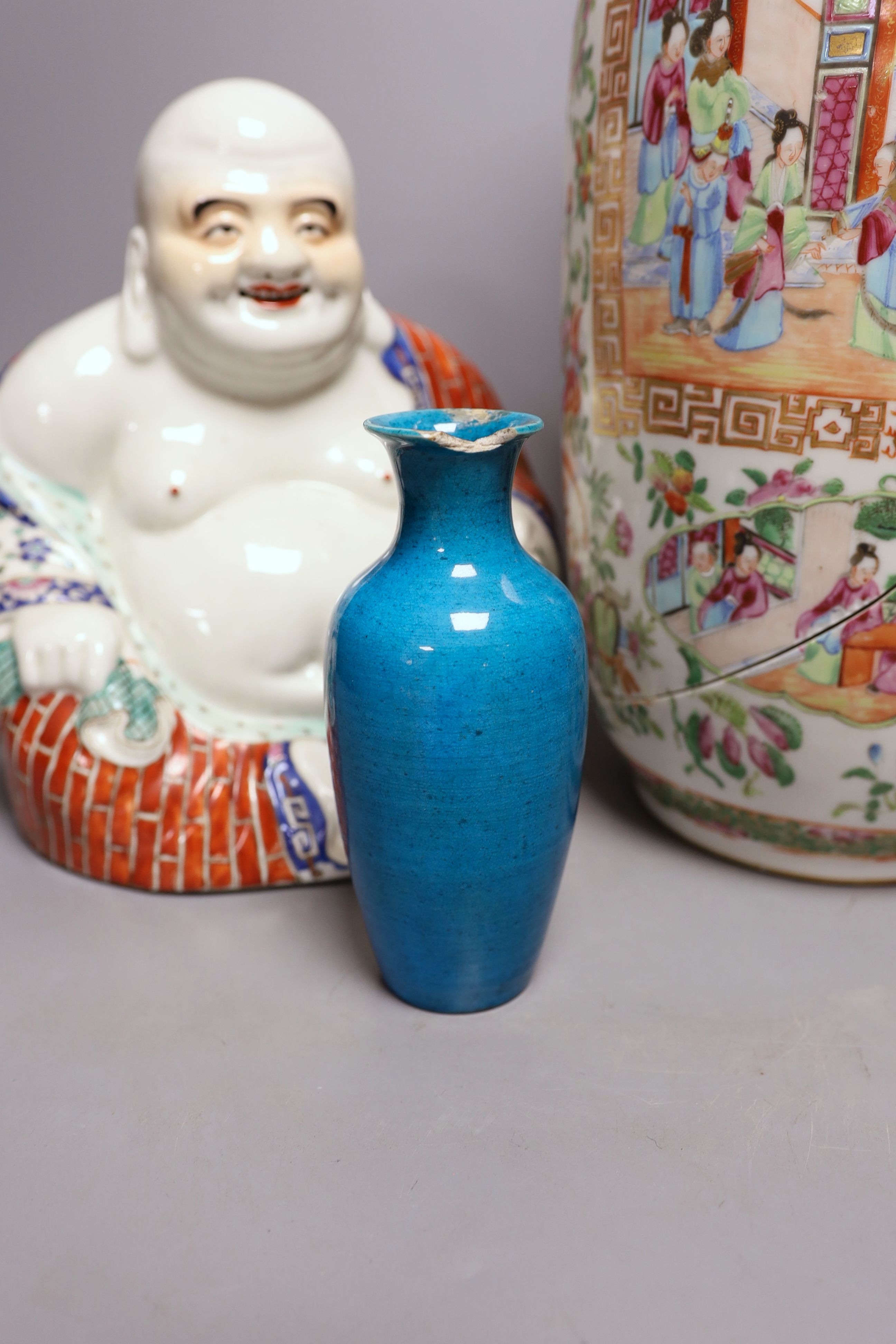 A Chinese famille rose vase, a figure of Budai, a turquoise glaze vase etc, vase 45 cms high.